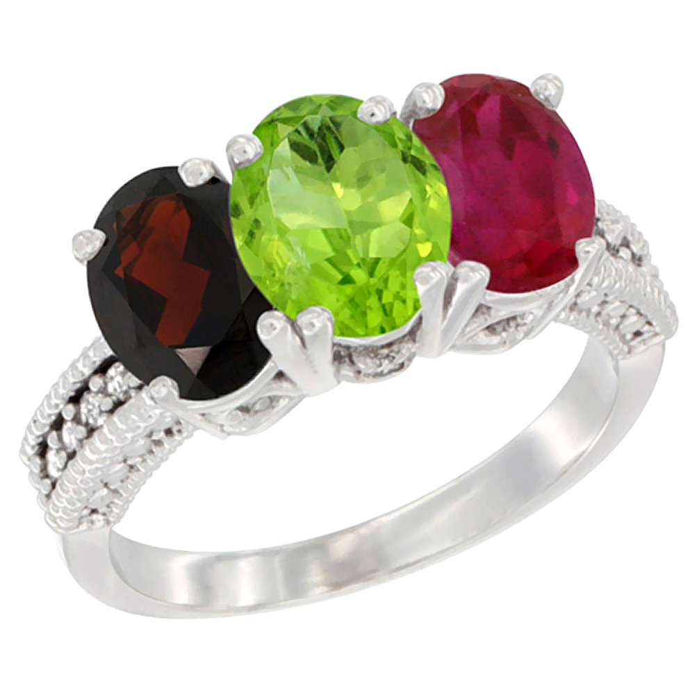 14K White Gold Natural Garnet, Peridot & Enhanced Ruby Ring 3-Stone 7x5 mm Oval Diamond Accent, sizes 5 - 10