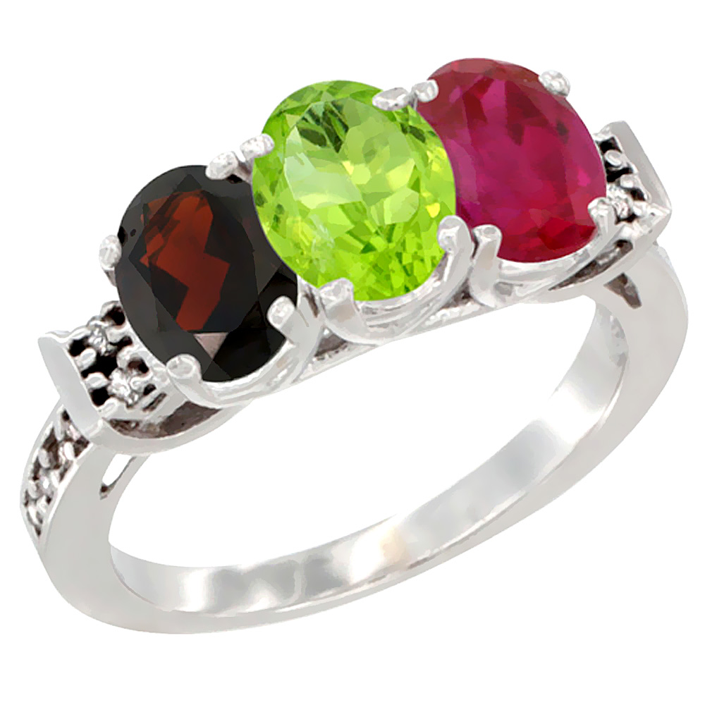 14K White Gold Natural Garnet, Peridot &amp; Enhanced Ruby Ring 3-Stone 7x5 mm Oval Diamond Accent, sizes 5 - 10