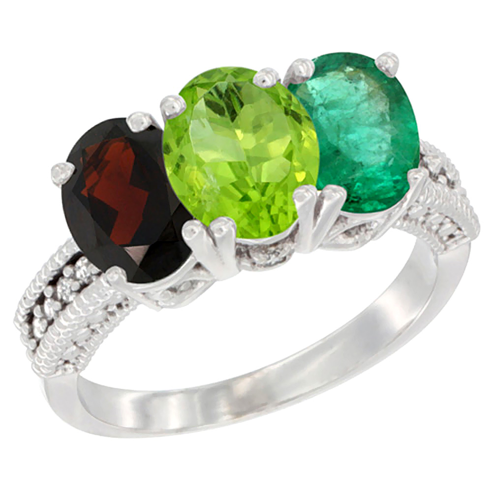 14K White Gold Natural Garnet, Peridot & Emerald Ring 3-Stone 7x5 mm Oval Diamond Accent, sizes 5 - 10