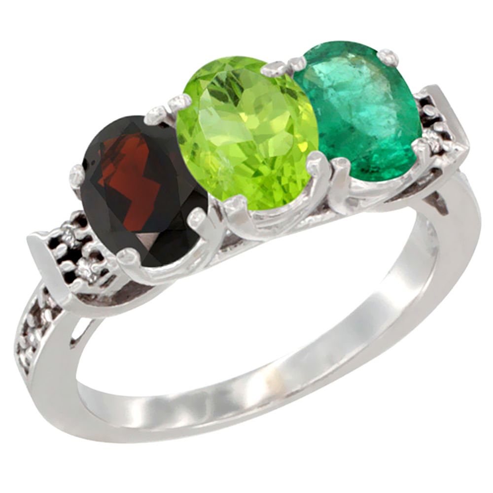 14K White Gold Natural Garnet, Peridot &amp; Emerald Ring 3-Stone 7x5 mm Oval Diamond Accent, sizes 5 - 10