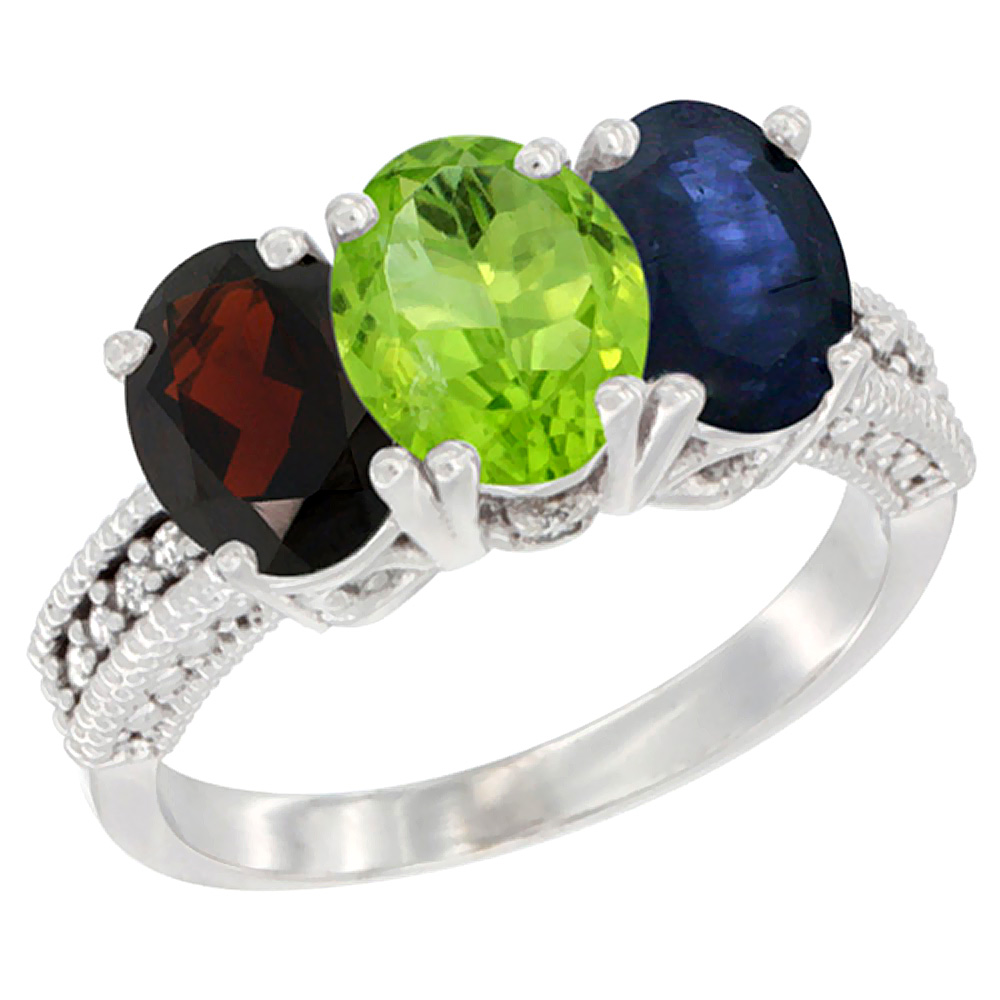 14K White Gold Natural Garnet, Peridot & Blue Sapphire Ring 3-Stone 7x5 mm Oval Diamond Accent, sizes 5 - 10