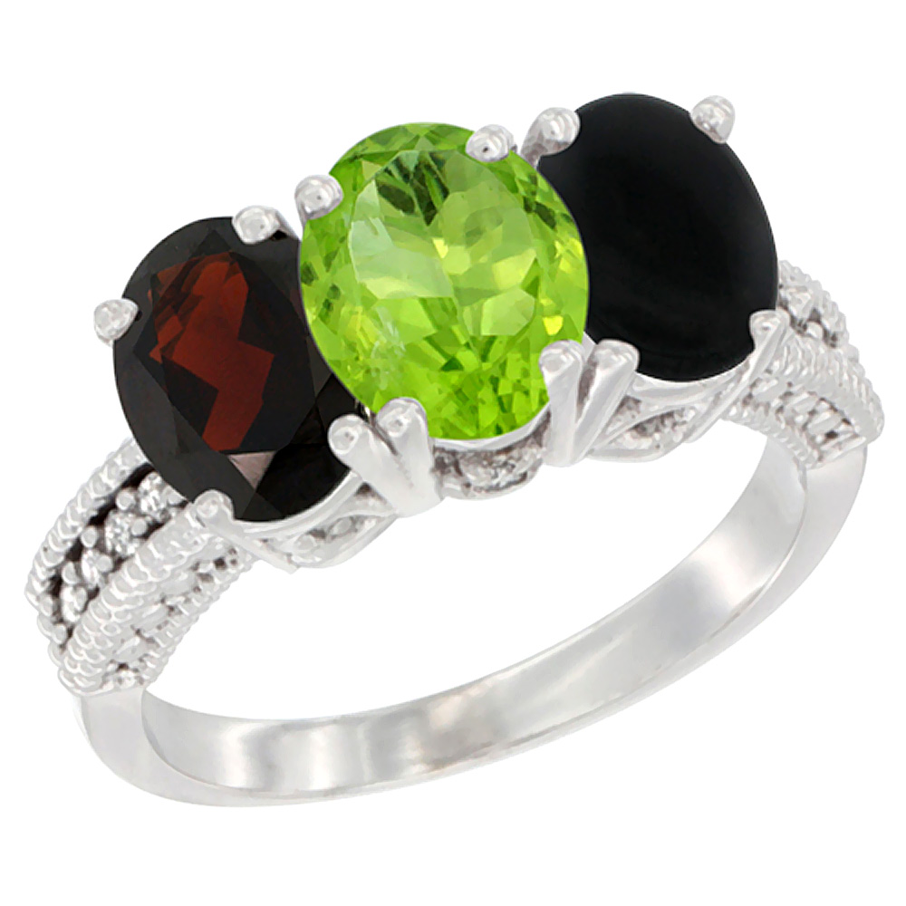 10K White Gold Natural Garnet, Peridot & Black Onyx Ring 3-Stone Oval 7x5 mm Diamond Accent, sizes 5 - 10