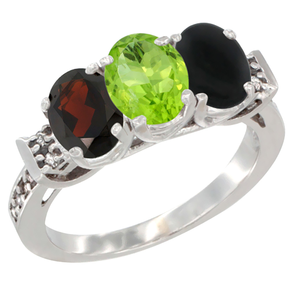 14K White Gold Natural Garnet, Peridot &amp; Black Onyx Ring 3-Stone 7x5 mm Oval Diamond Accent, sizes 5 - 10