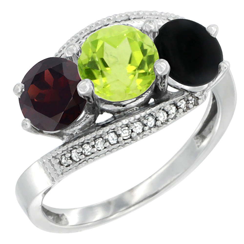 14K White Gold Natural Garnet, Peridot & Black Onyx 3 stone Ring Round 6mm Diamond Accent, sizes 5 - 10