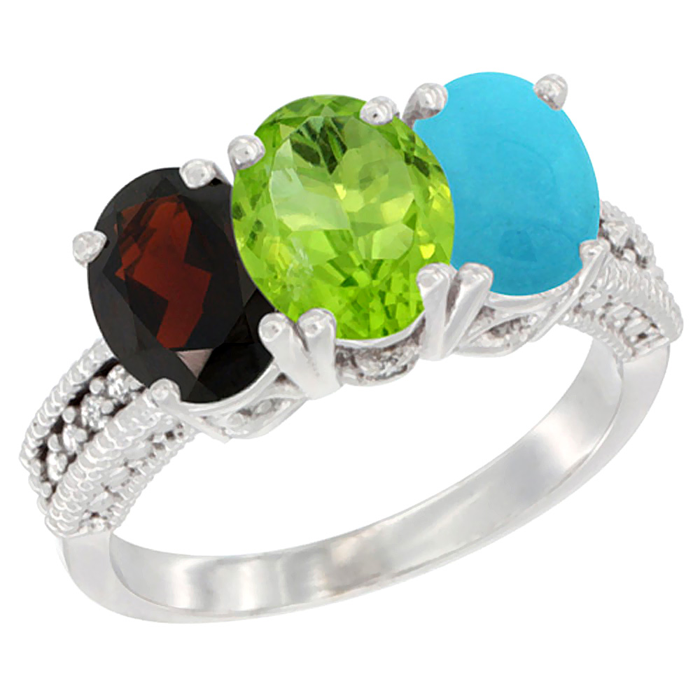 14K White Gold Natural Garnet, Peridot & Turquoise Ring 3-Stone 7x5 mm Oval Diamond Accent, sizes 5 - 10