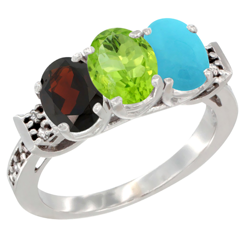 14K White Gold Natural Garnet, Peridot &amp; Turquoise Ring 3-Stone 7x5 mm Oval Diamond Accent, sizes 5 - 10