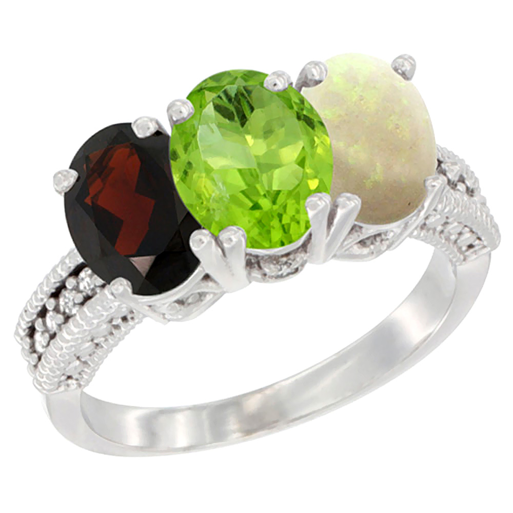 14K White Gold Natural Garnet, Peridot & Opal Ring 3-Stone 7x5 mm Oval Diamond Accent, sizes 5 - 10