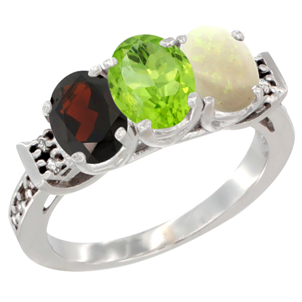 14K White Gold Natural Garnet, Peridot & Opal Ring 3-Stone 7x5 mm Oval Diamond Accent, sizes 5 - 10