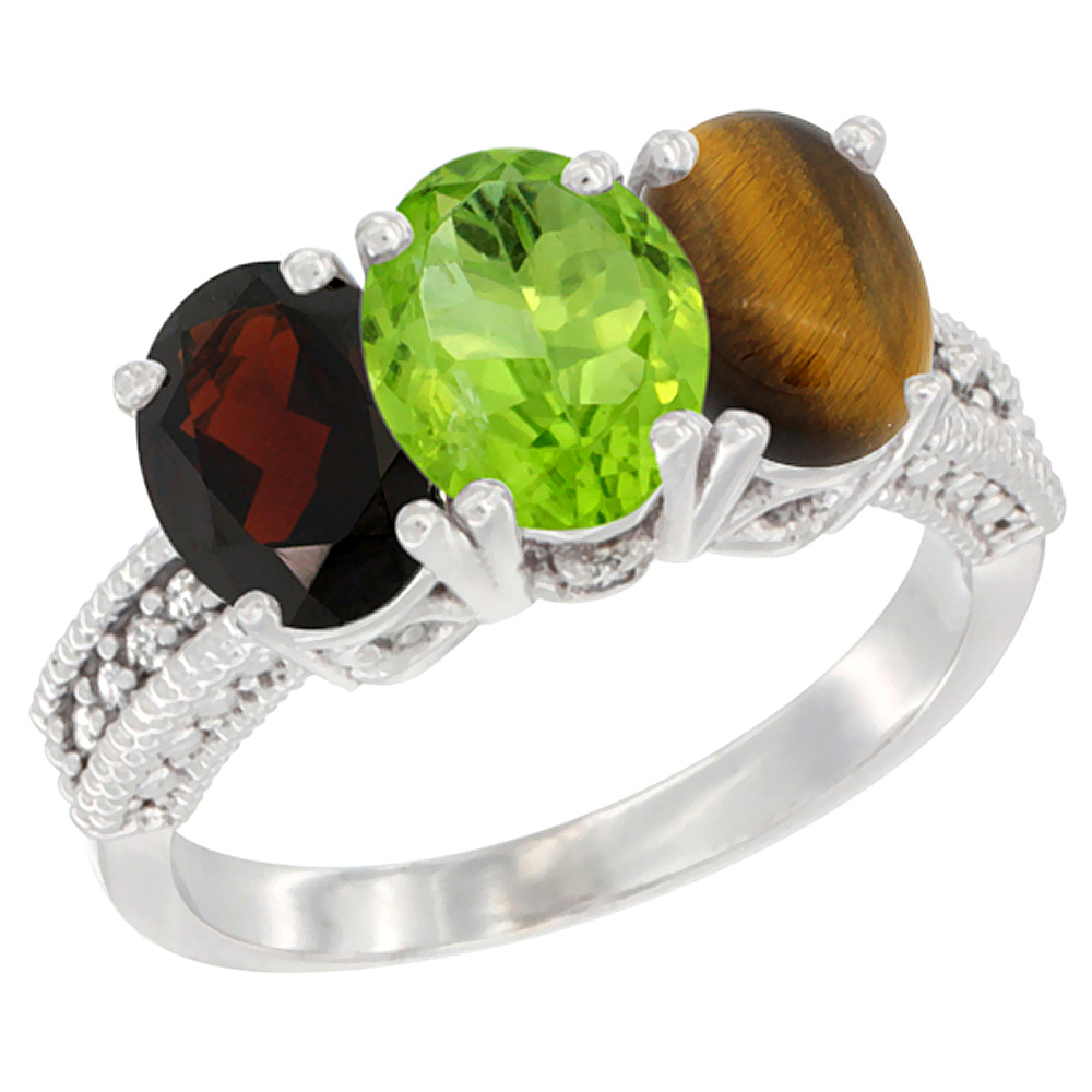 14K White Gold Natural Garnet, Peridot &amp; Tiger Eye Ring 3-Stone 7x5 mm Oval Diamond Accent, sizes 5 - 10