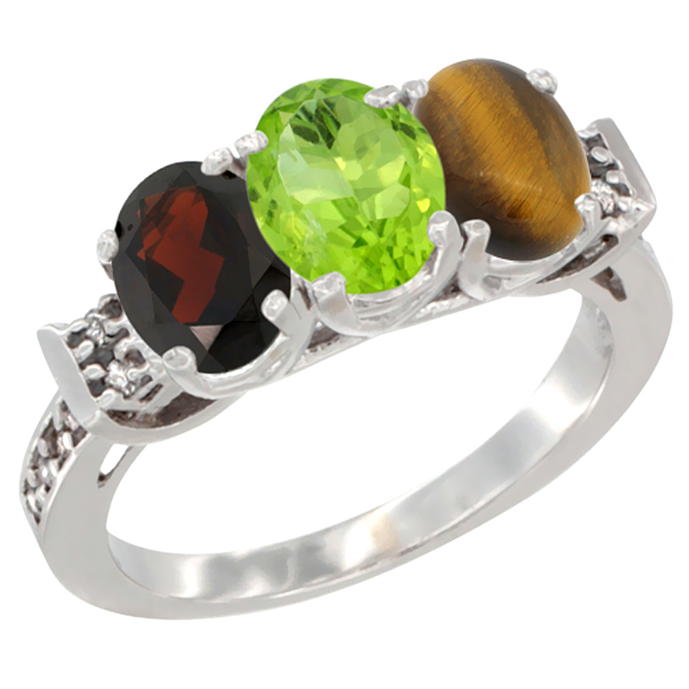 14K White Gold Natural Garnet, Peridot &amp; Tiger Eye Ring 3-Stone 7x5 mm Oval Diamond Accent, sizes 5 - 10