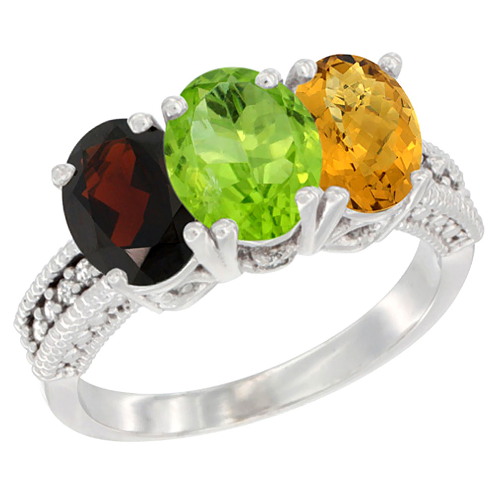 14K White Gold Natural Garnet, Peridot &amp; Whisky Quartz Ring 3-Stone 7x5 mm Oval Diamond Accent, sizes 5 - 10