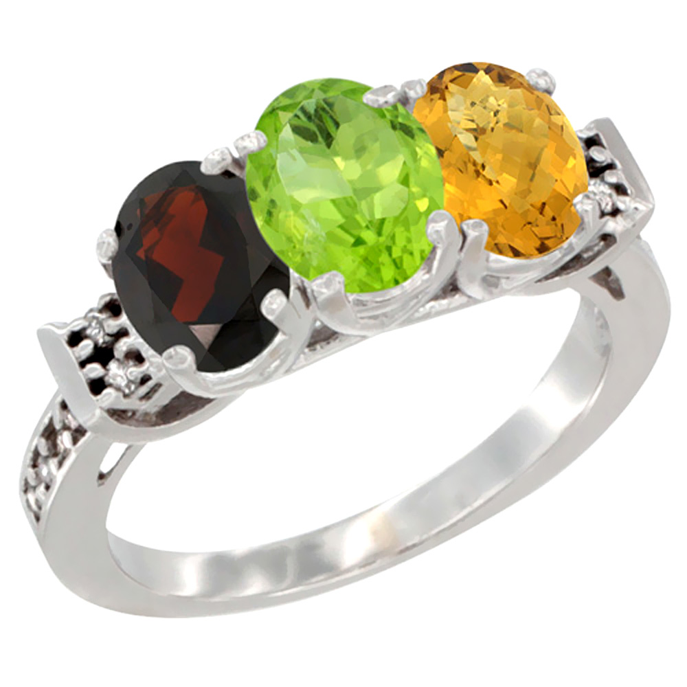 14K White Gold Natural Garnet, Peridot & Whisky Quartz Ring 3-Stone 7x5 mm Oval Diamond Accent, sizes 5 - 10