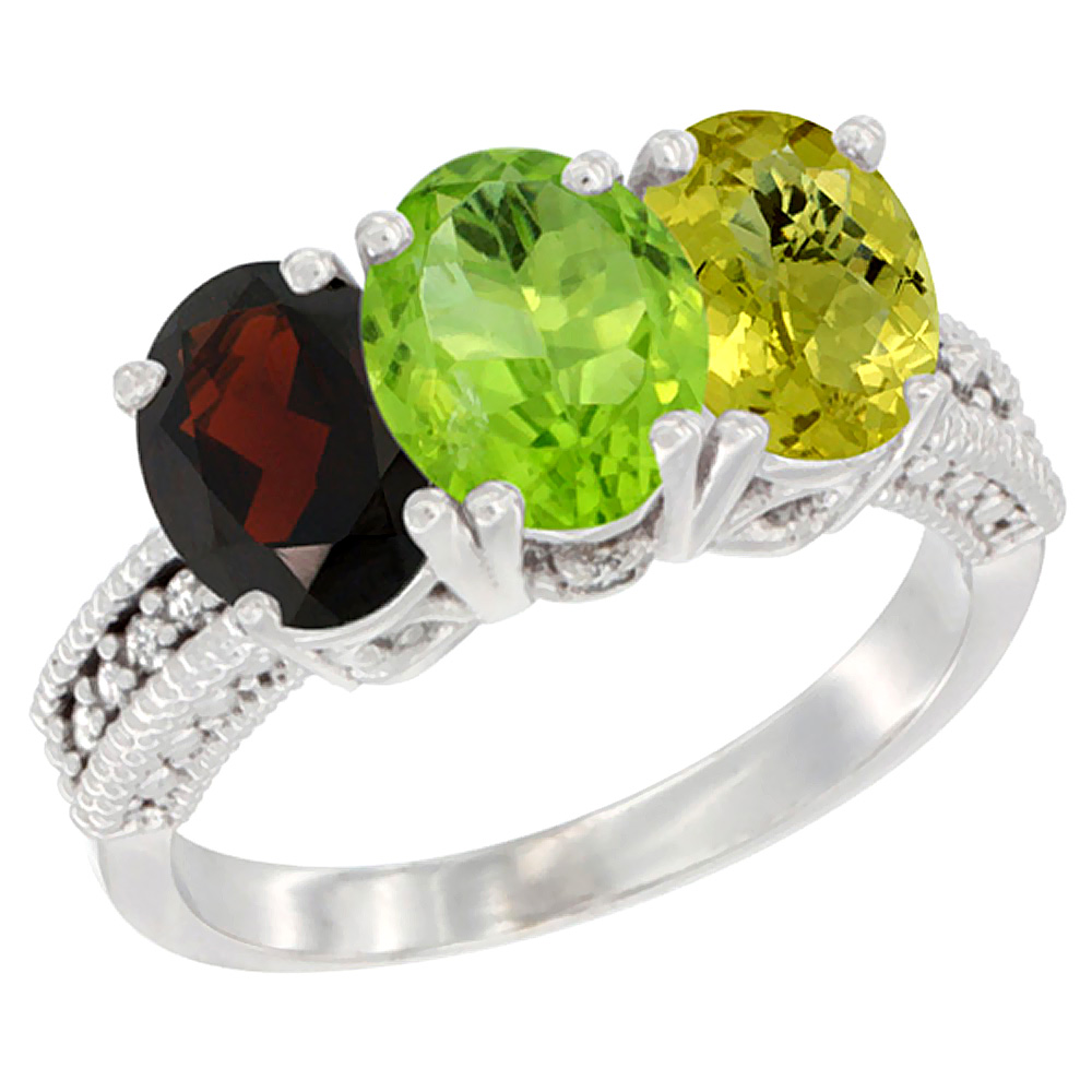 14K White Gold Natural Garnet, Peridot &amp; Lemon Quartz Ring 3-Stone 7x5 mm Oval Diamond Accent, sizes 5 - 10