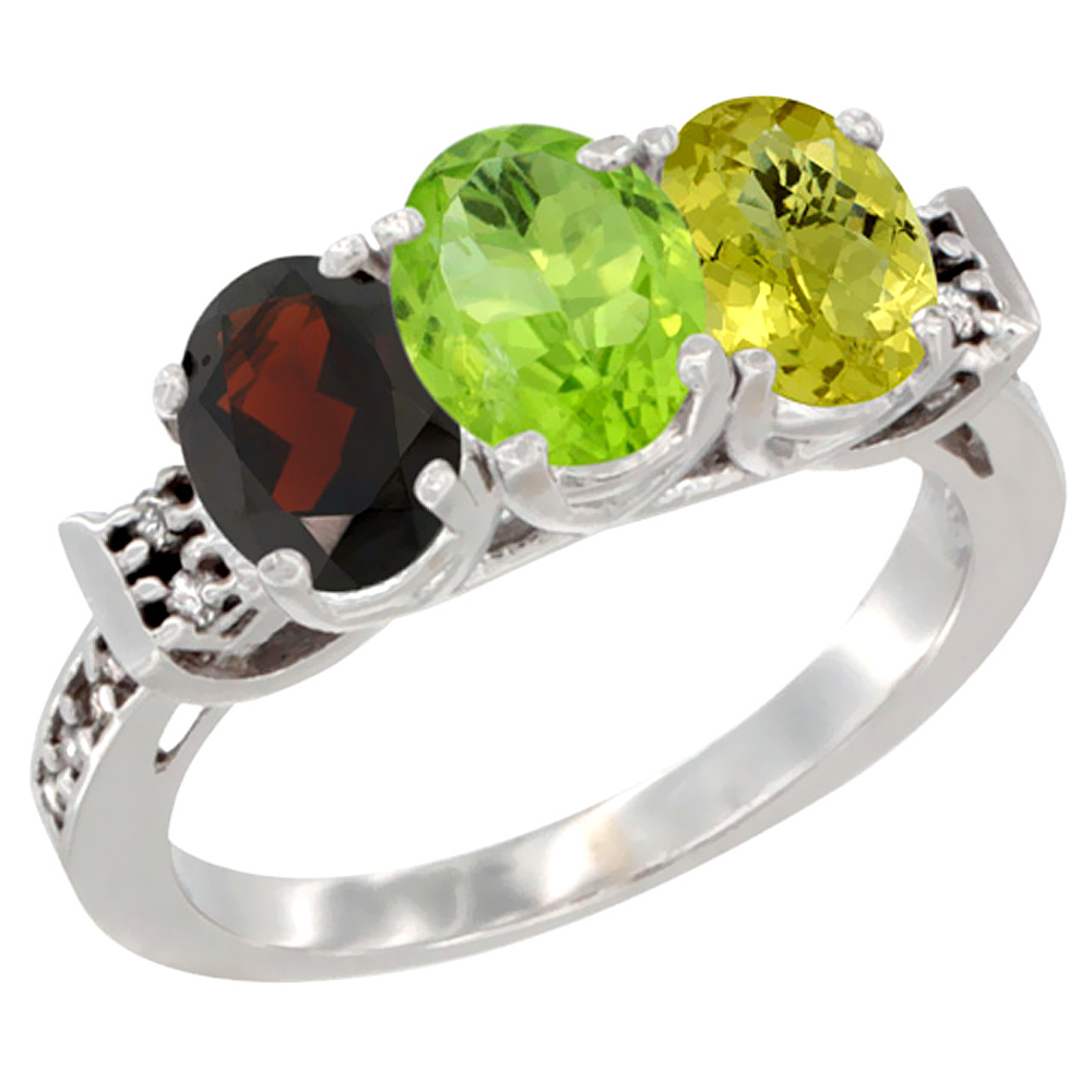 14K White Gold Natural Garnet, Peridot & Lemon Quartz Ring 3-Stone 7x5 mm Oval Diamond Accent, sizes 5 - 10