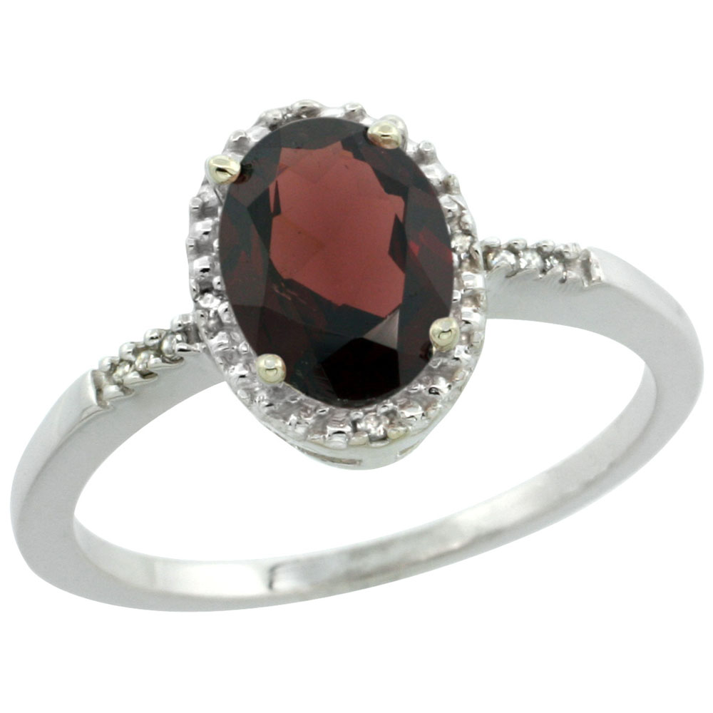 10K White Gold Diamond Natural Garnet Ring Oval 8x6mm, sizes 5-10