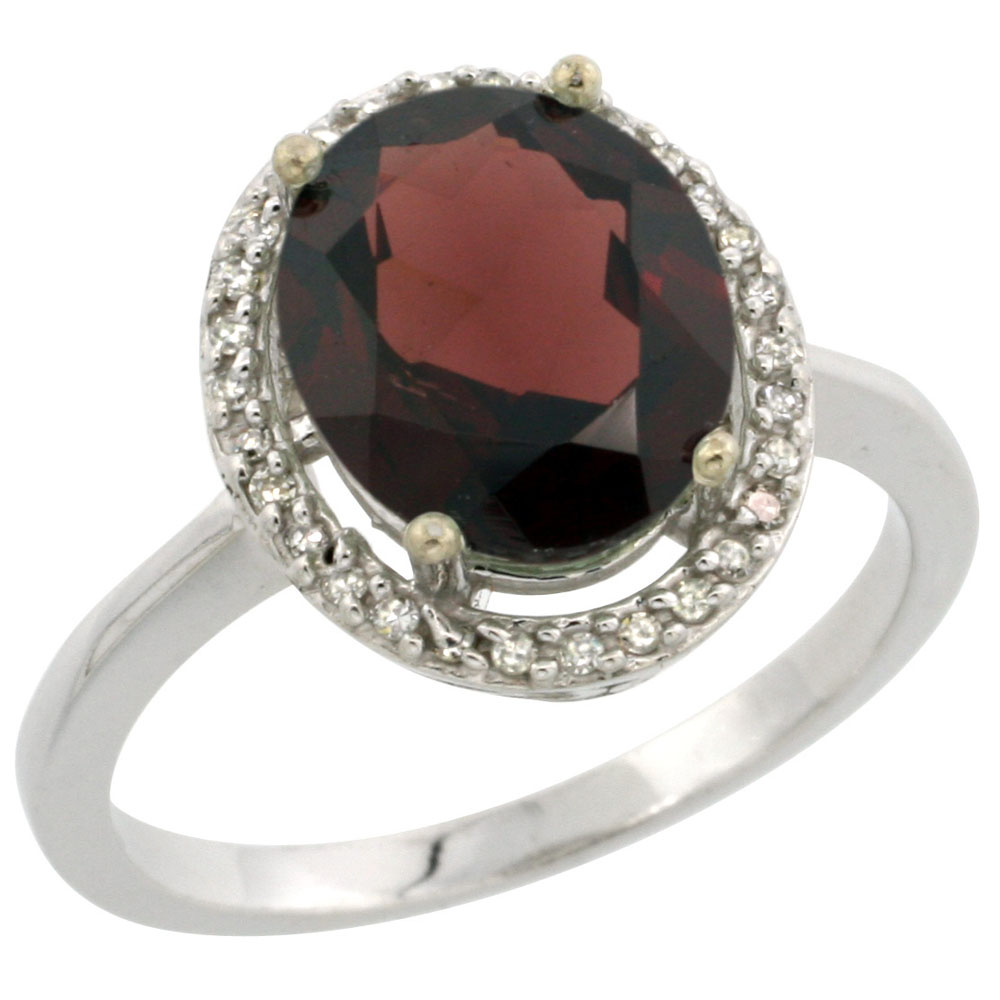 14K White Gold Diamond Natural Garnet Engagement Ring Oval 10x8mm, sizes 5-10