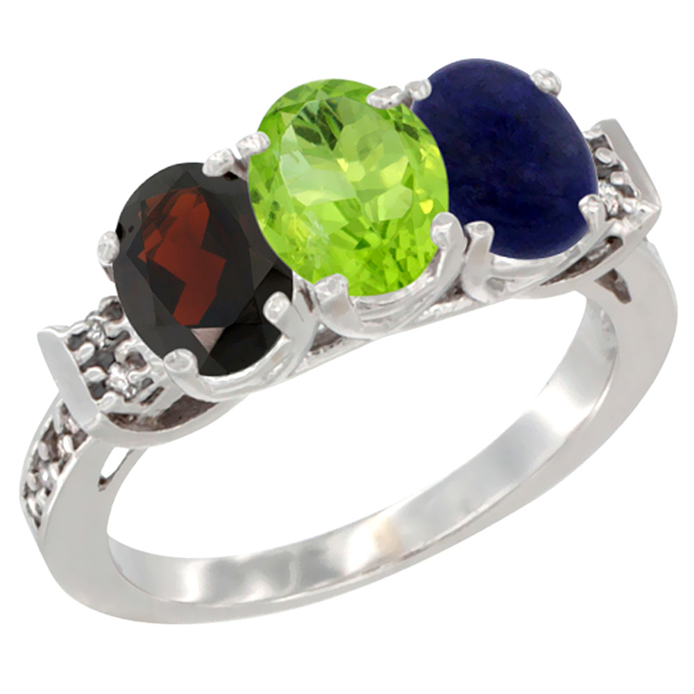 14K White Gold Natural Garnet, Peridot &amp; Lapis Ring 3-Stone 7x5 mm Oval Diamond Accent, sizes 5 - 10