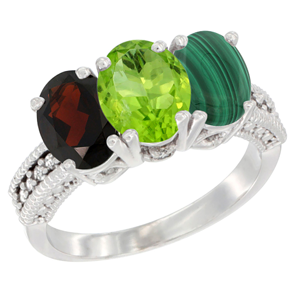 14K White Gold Natural Garnet, Peridot & Malachite Ring 3-Stone 7x5 mm Oval Diamond Accent, sizes 5 - 10