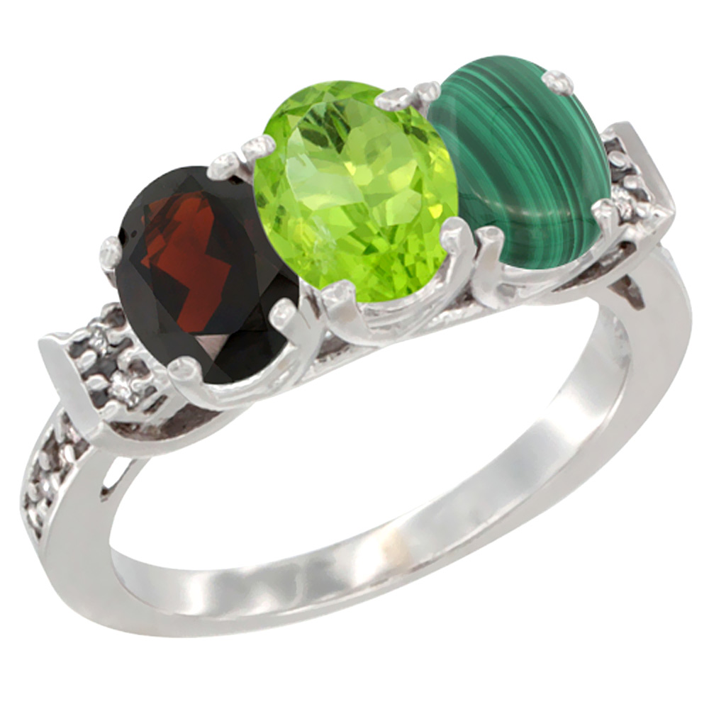 14K White Gold Natural Garnet, Peridot &amp; Malachite Ring 3-Stone 7x5 mm Oval Diamond Accent, sizes 5 - 10