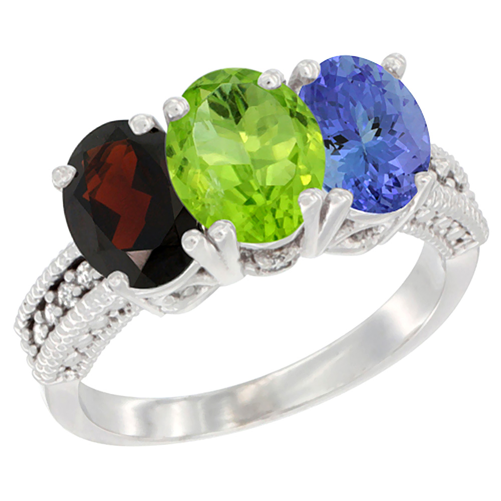 14K White Gold Natural Garnet, Peridot &amp; Tanzanite Ring 3-Stone 7x5 mm Oval Diamond Accent, sizes 5 - 10