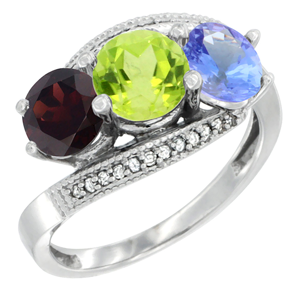 14K White Gold Natural Garnet, Peridot & Tanzanite 3 stone Ring Round 6mm Diamond Accent, sizes 5 - 10