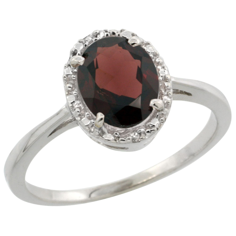 14K White Gold Natural Garnet Ring Oval 8x6 mm Diamond Halo, sizes 5-10