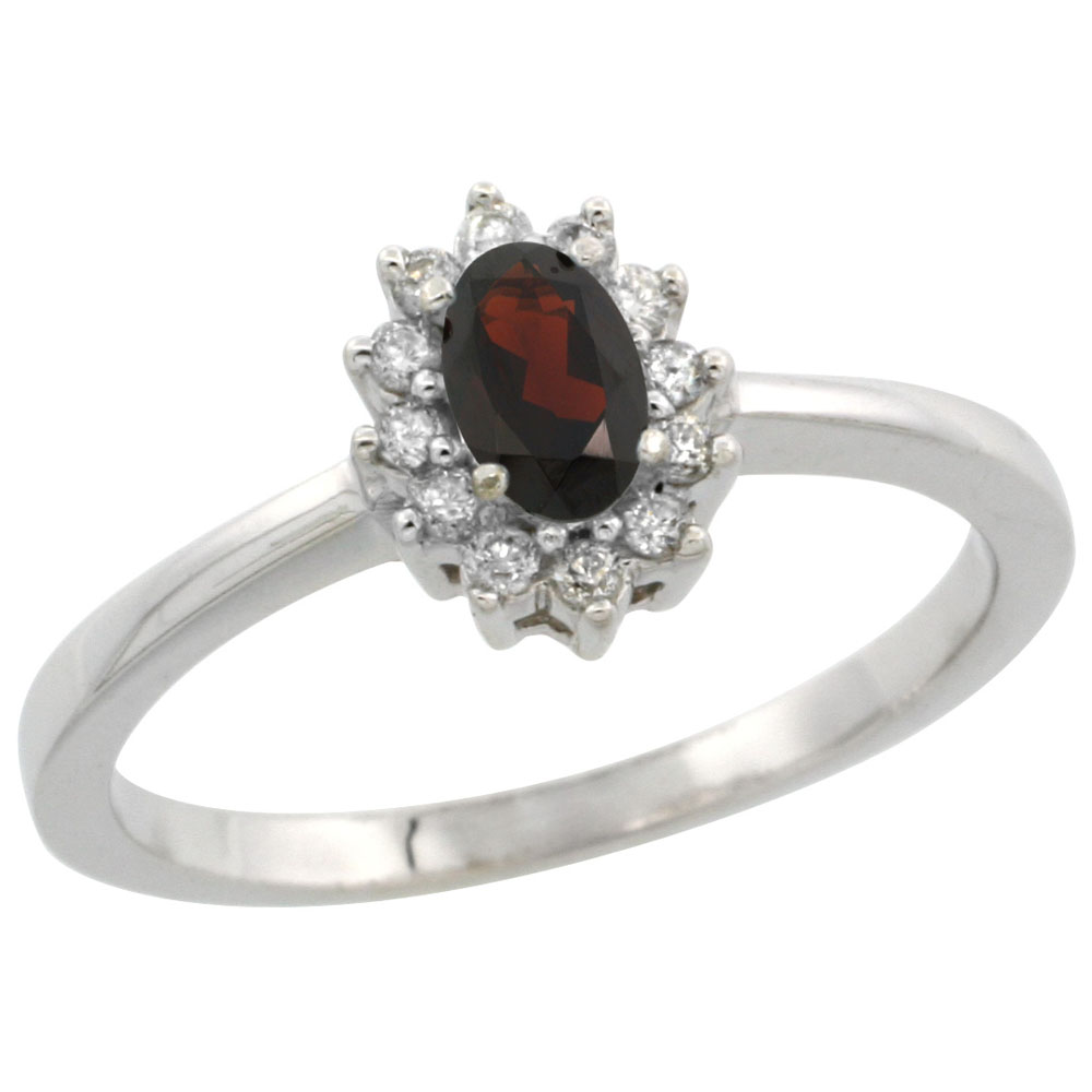 10k White Gold Natural Garnet Ring Oval 5x3mm Diamond Halo, sizes 5-10