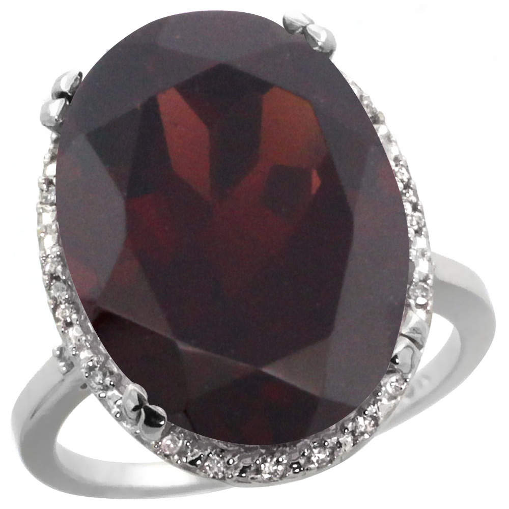 14K White Gold Natural Garnet Ring Large Oval 18x13mm Diamond Halo, sizes 5-10