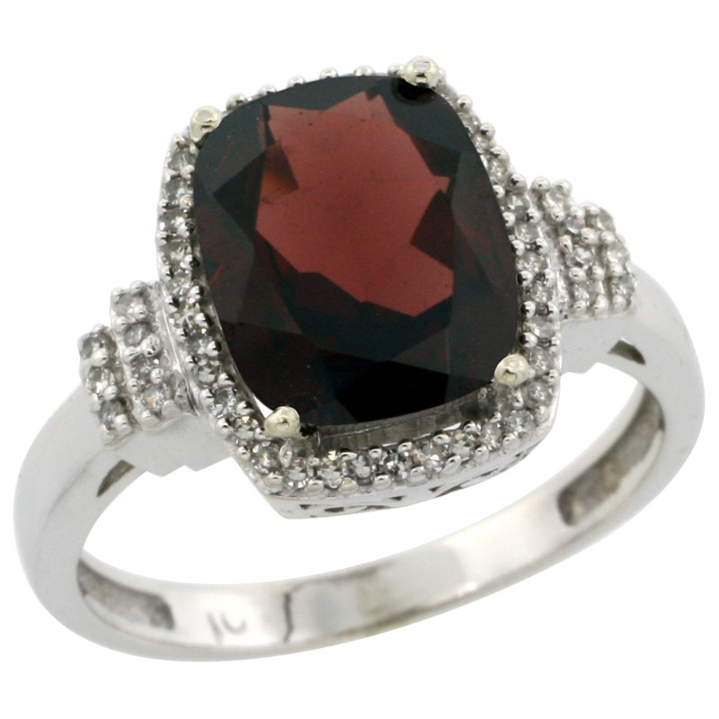 14K White Gold Natural Garnet Ring Cushion-cut 9x7mm Diamond Halo, sizes 5-10