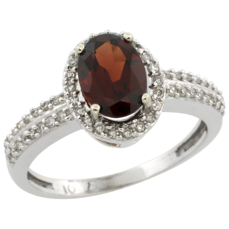 10k White Gold Natural Garnet Ring Oval 8x6mm Diamond Halo, sizes 5-10