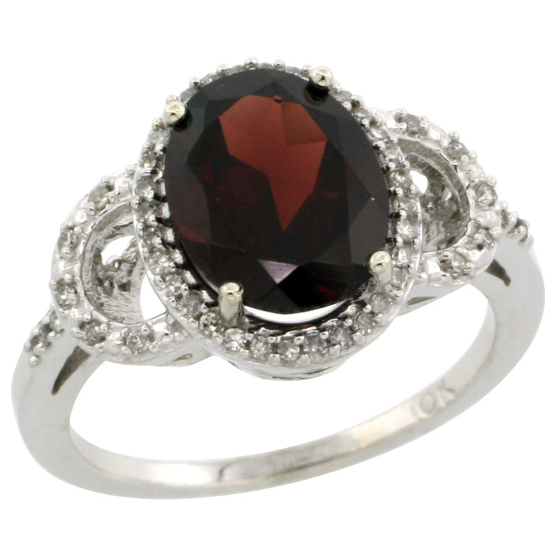 14K White Gold Diamond Natural Garnet Engagement Ring Oval 10x8mm, sizes 5-10