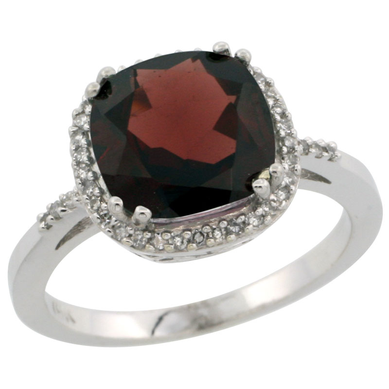 14K White Gold Diamond Natural Garnet Ring Cushion-cut 9x9mm, sizes 5-10