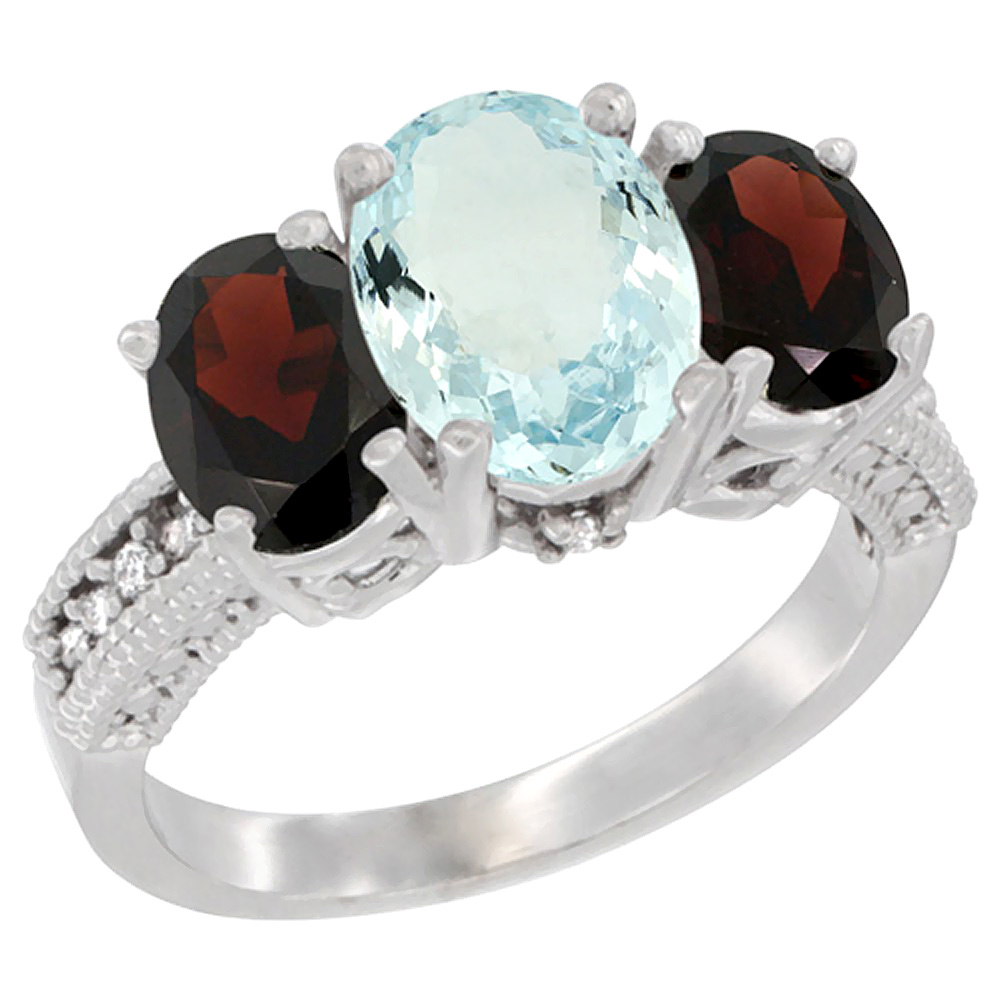 10K White Gold Diamond Natural Aquamarine Ring 3-Stone Oval 8x6mm with Garnet, sizes5-10