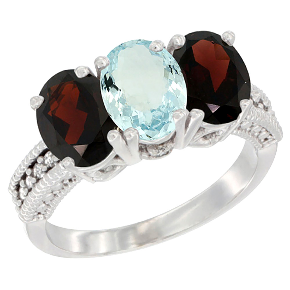 14K White Gold Natural Aquamarine & Garnet Sides Ring 3-Stone 7x5 mm Oval Diamond Accent, sizes 5 - 10