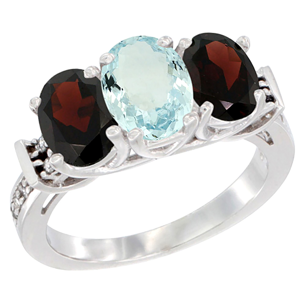 10K White Gold Natural Aquamarine & Garnet Sides Ring 3-Stone Oval Diamond Accent, sizes 5 - 10