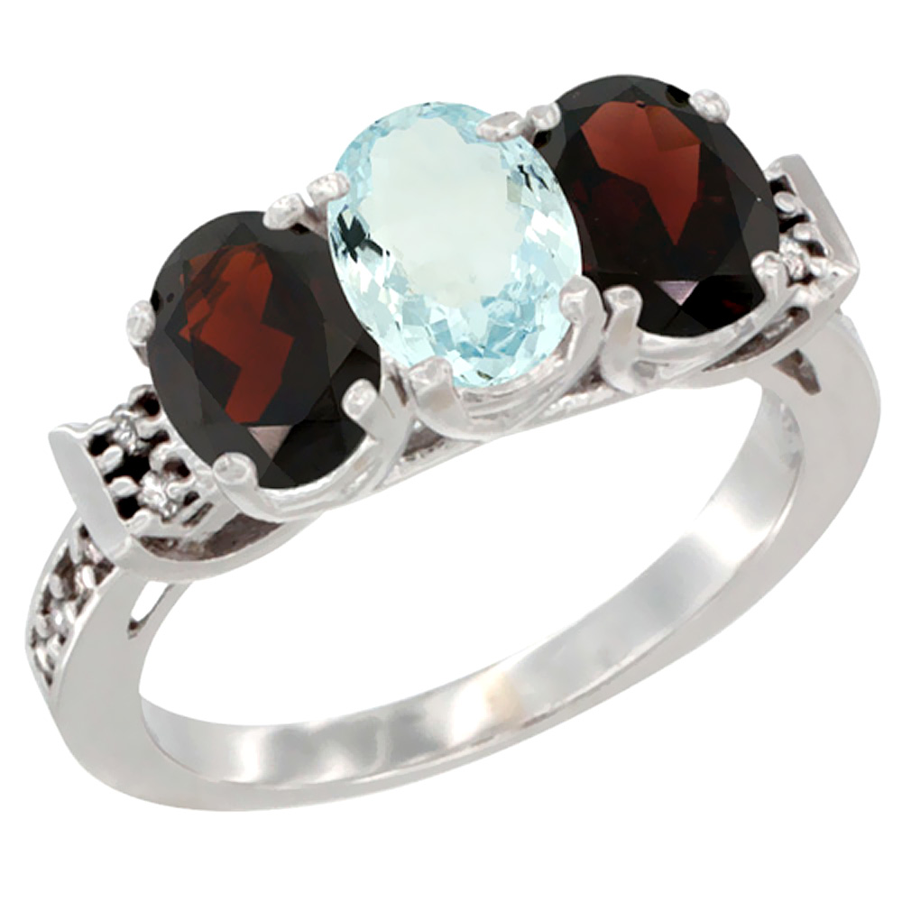 10K White Gold Natural Aquamarine & Garnet Sides Ring 3-Stone Oval 7x5 mm Diamond Accent, sizes 5 - 10