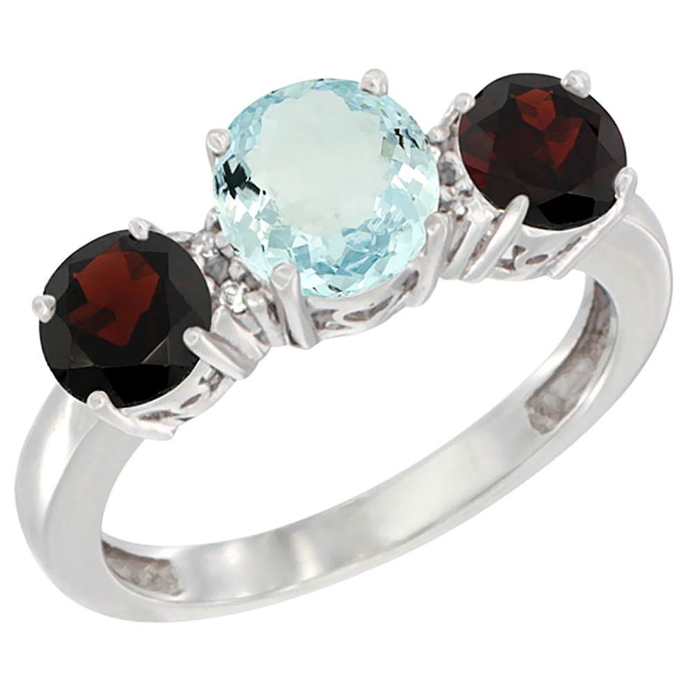 14K White Gold Round 3-Stone Natural Aquamarine Ring &amp; Garnet Sides Diamond Accent, sizes 5 - 10