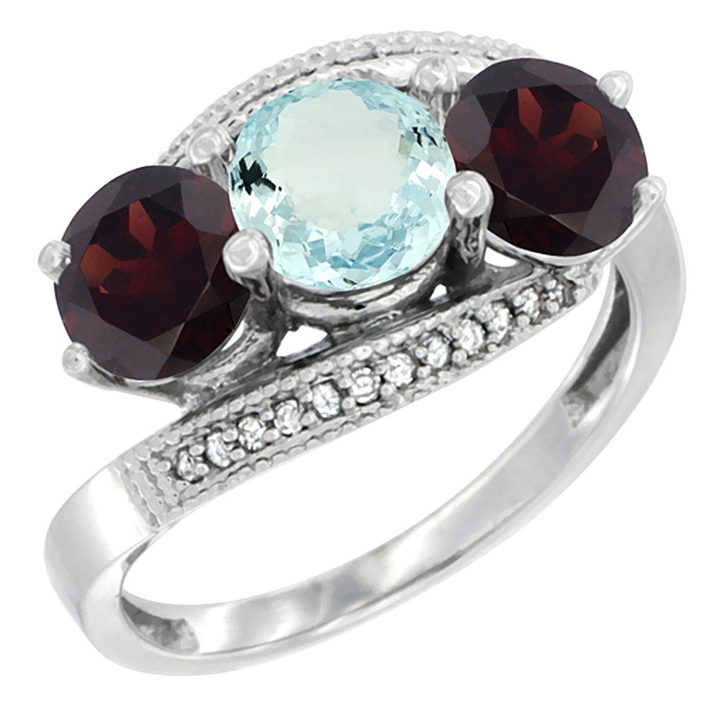 14K White Gold Natural Aquamarine & Garnet Sides 3 stone Ring Round 6mm Diamond Accent, sizes 5 - 10