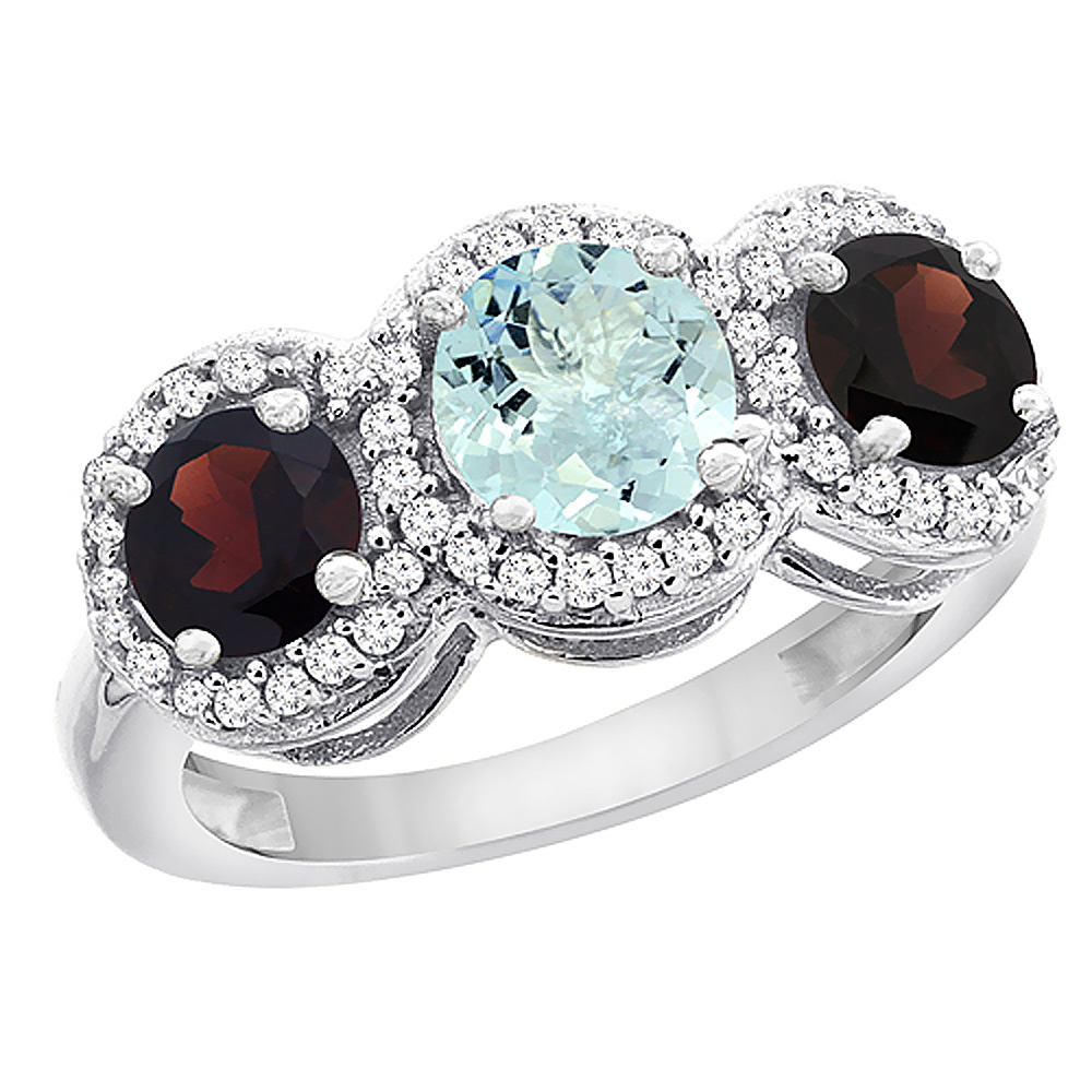 14K White Gold Natural Aquamarine &amp; Garnet Sides Round 3-stone Ring Diamond Accents, sizes 5 - 10