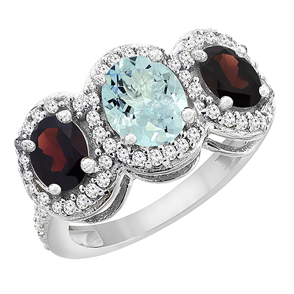 10K White Gold Natural Aquamarine &amp; Garnet 3-Stone Ring Oval Diamond Accent, sizes 5 - 10