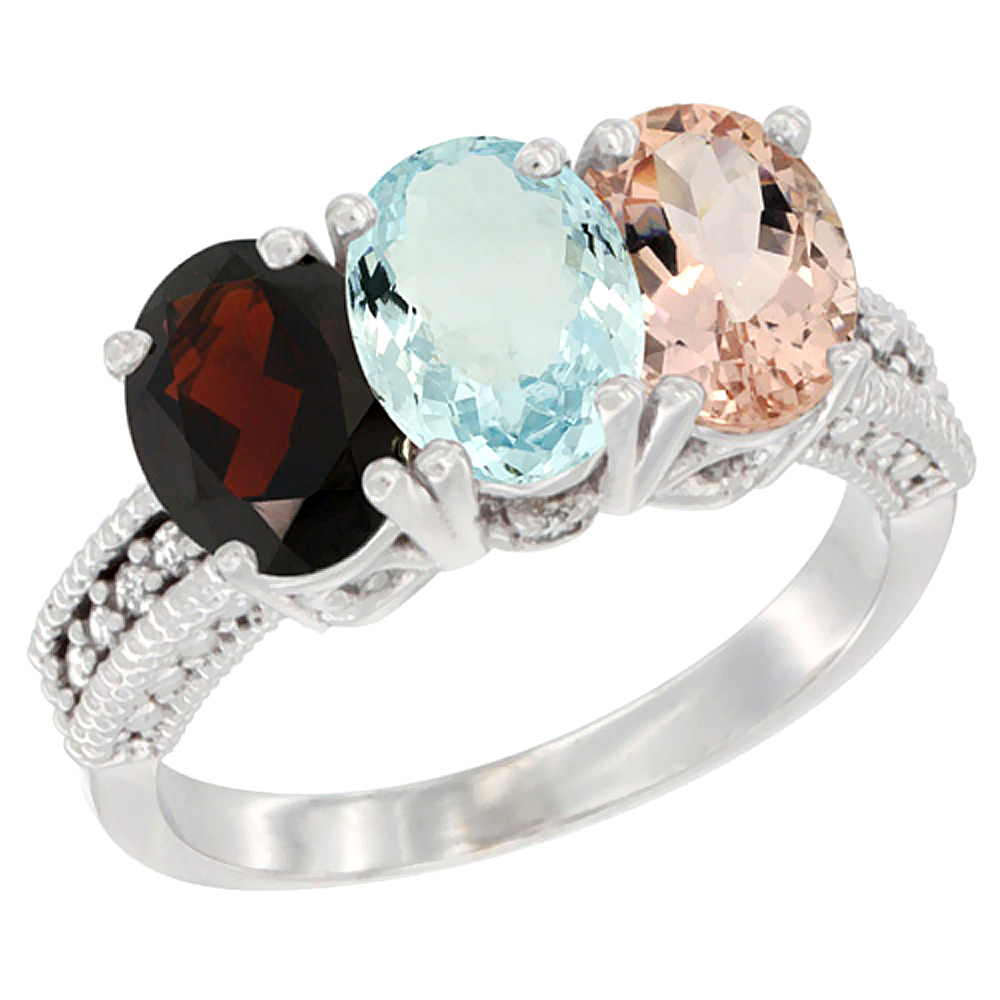 10K White Gold Natural Garnet, Aquamarine & Morganite Ring 3-Stone Oval 7x5 mm Diamond Accent, sizes 5 - 10