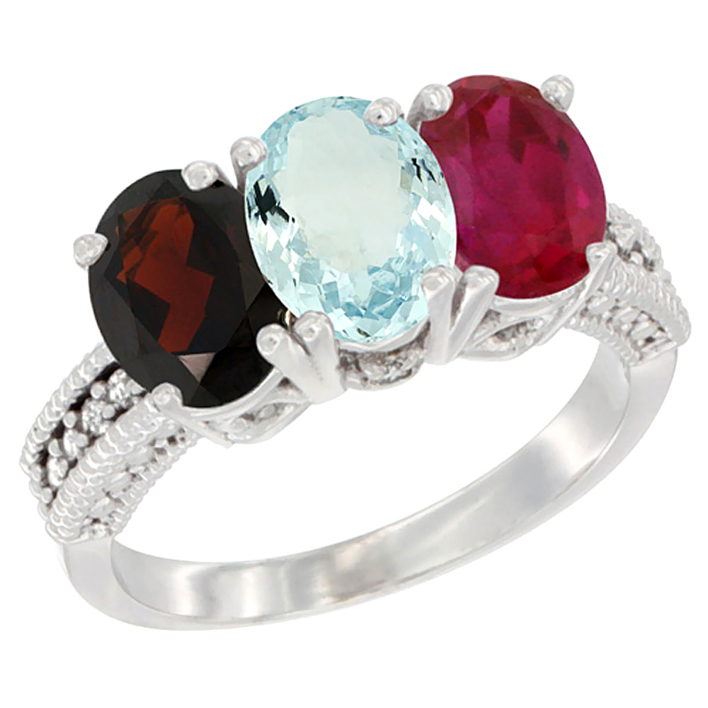 14K White Gold Natural Garnet, Aquamarine & Enhanced Ruby Ring 3-Stone 7x5 mm Oval Diamond Accent, sizes 5 - 10