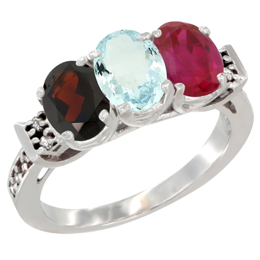 14K White Gold Natural Garnet, Aquamarine &amp; Enhanced Ruby Ring 3-Stone 7x5 mm Oval Diamond Accent, sizes 5 - 10