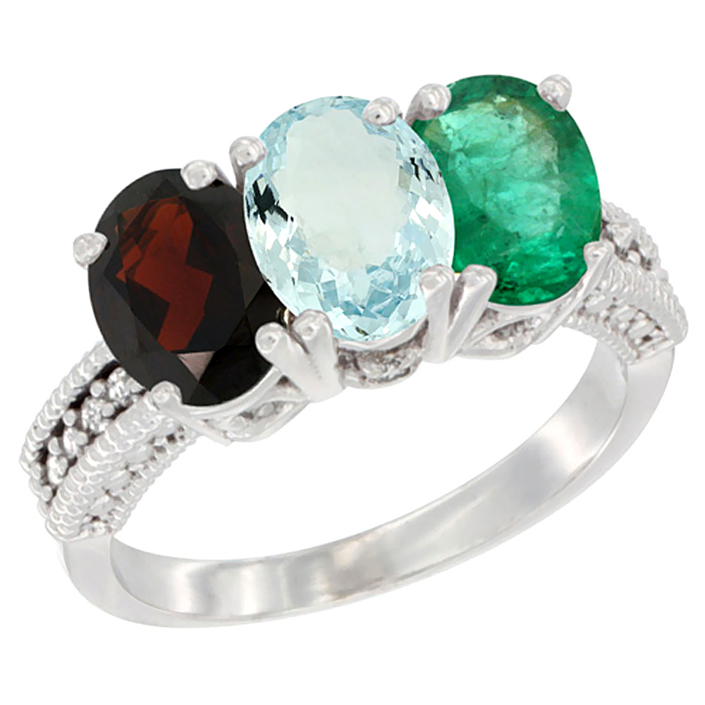 14K White Gold Natural Garnet, Aquamarine &amp; Emerald Ring 3-Stone 7x5 mm Oval Diamond Accent, sizes 5 - 10