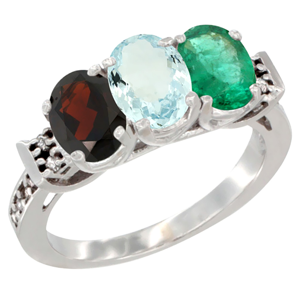 14K White Gold Natural Garnet, Aquamarine &amp; Emerald Ring 3-Stone 7x5 mm Oval Diamond Accent, sizes 5 - 10