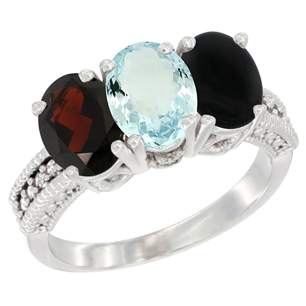 14K White Gold Natural Garnet, Aquamarine &amp; Black Onyx Ring 3-Stone 7x5 mm Oval Diamond Accent, sizes 5 - 10