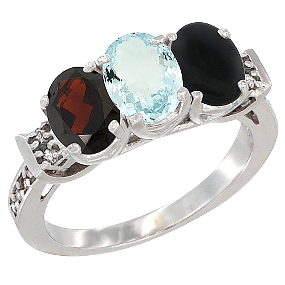 14K White Gold Natural Garnet, Aquamarine & Black Onyx Ring 3-Stone 7x5 mm Oval Diamond Accent, sizes 5 - 10