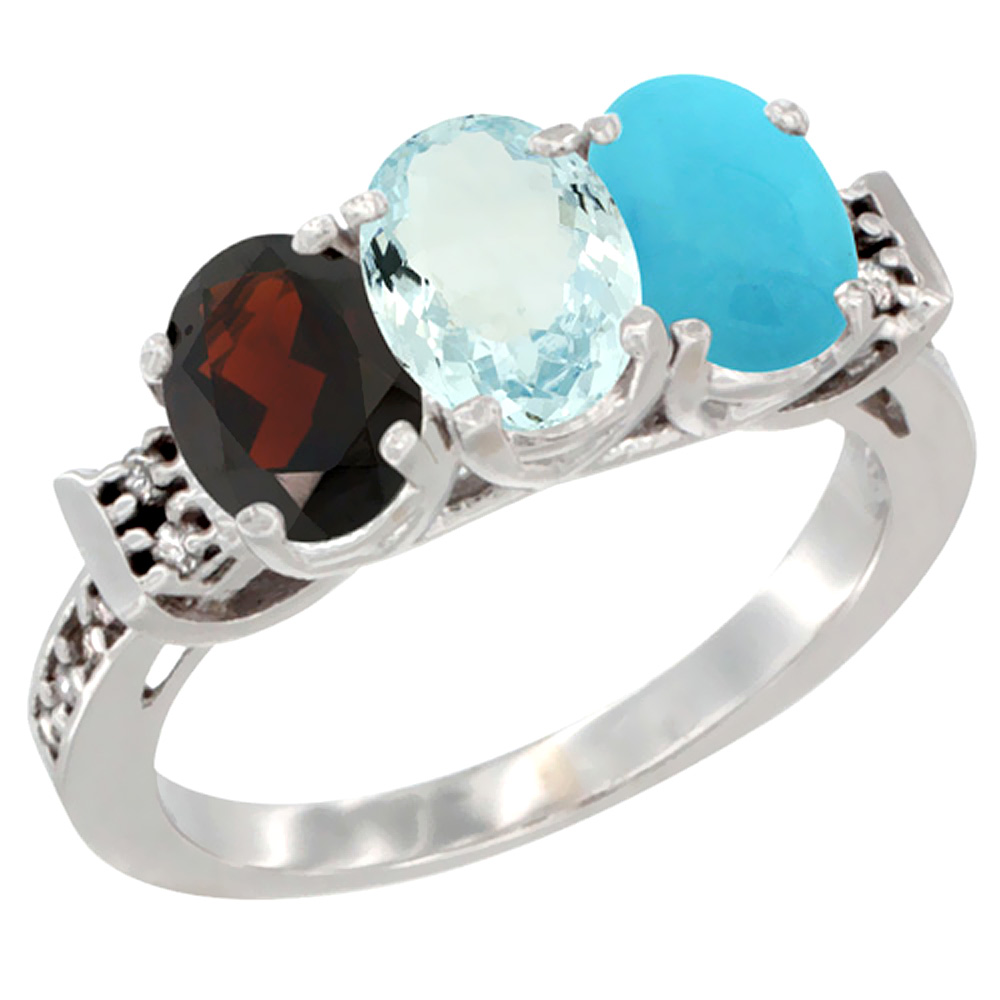 14K White Gold Natural Garnet, Aquamarine &amp; Turquoise Ring 3-Stone 7x5 mm Oval Diamond Accent, sizes 5 - 10