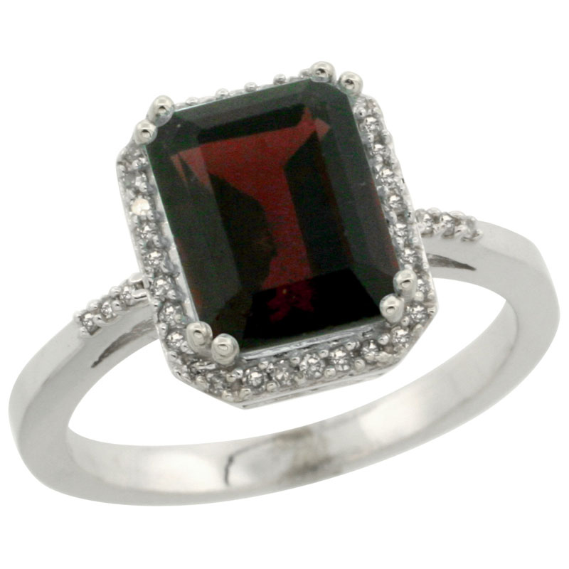 14K White Gold Diamond Natural Garnet Ring Emerald-cut 9x7mm, sizes 5-10