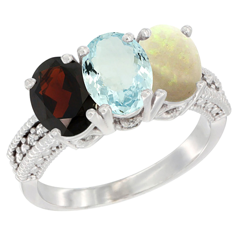 14K White Gold Natural Garnet, Aquamarine &amp; Opal Ring 3-Stone 7x5 mm Oval Diamond Accent, sizes 5 - 10